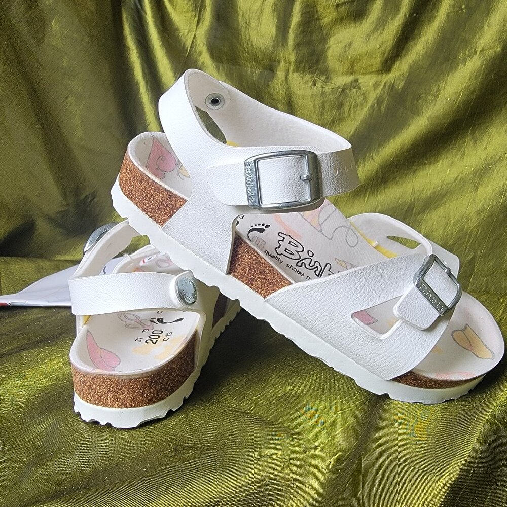 White Birki's Sandals with Beach Themed Insole Size 13 Girls